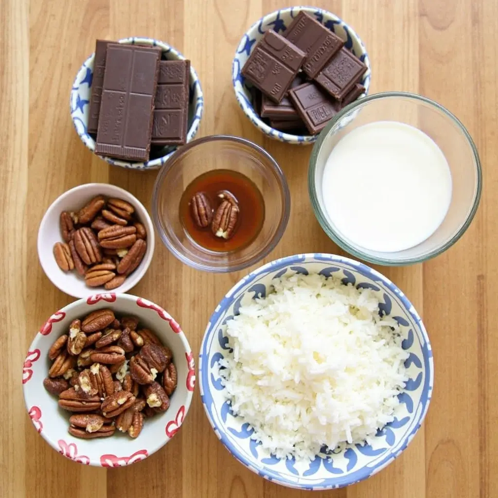 Ingredients for German chocolate cake ice cream: dark chocolate, sweetened condensed milk, heavy cream, pecans, and shredded coconut.