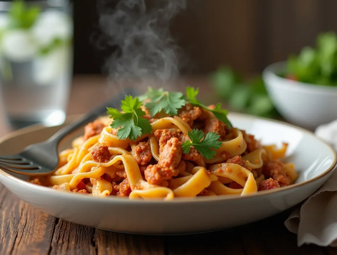 A steaming plate of reheated chicken fajita pasta garnished with fresh cilantro