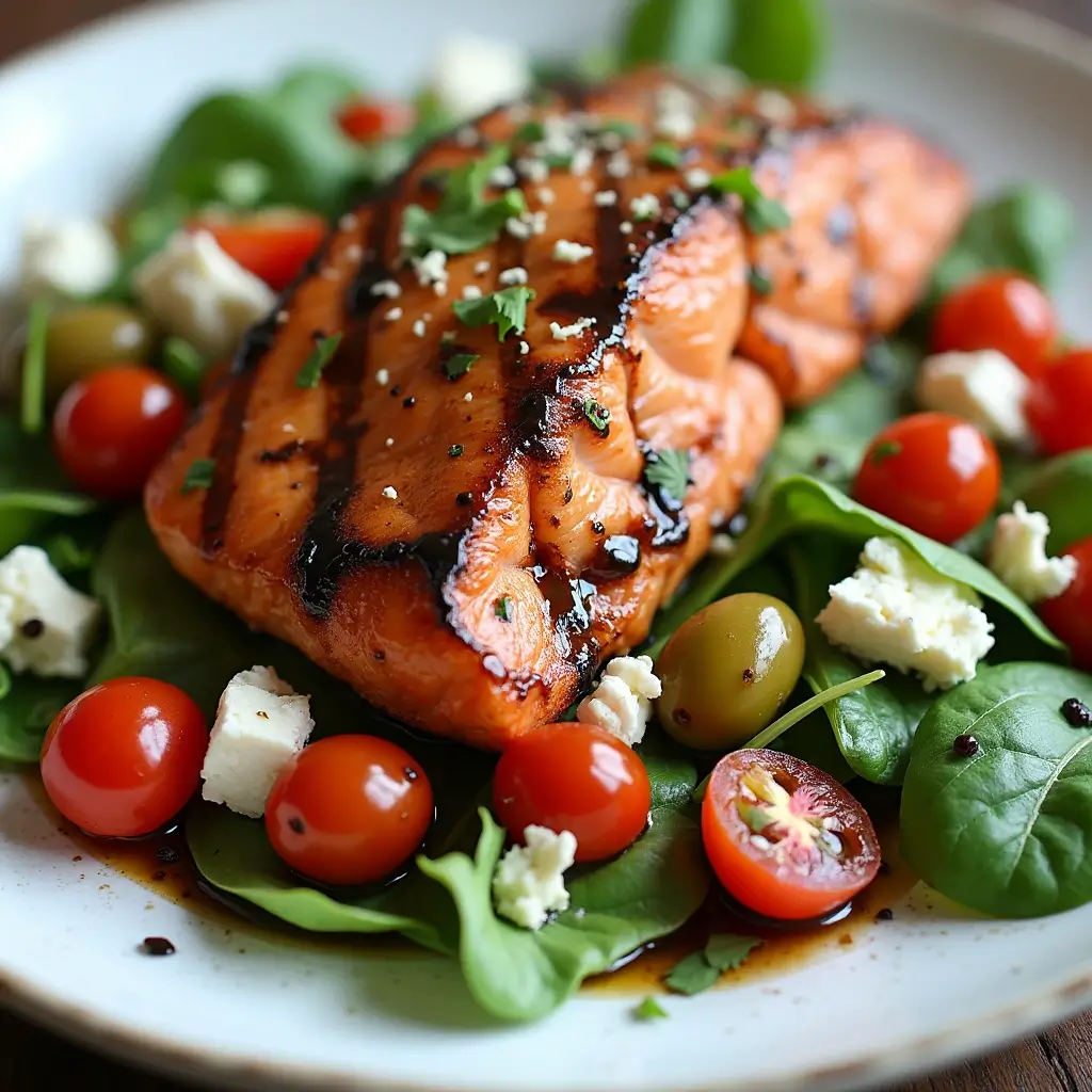 Mediterranean-style grilled salmon salad with feta, olives, and cherry tomatoes.