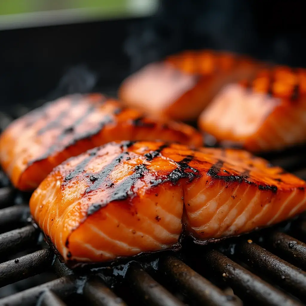 Salmon fillets grilling to perfection on a barbecue.