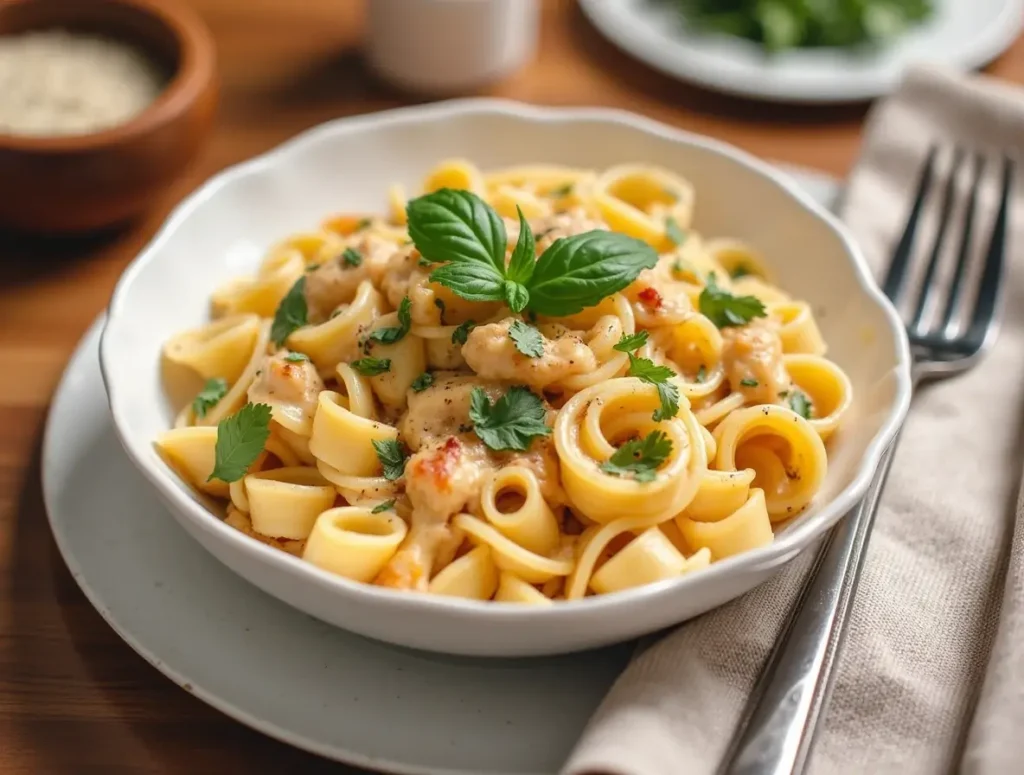 A plate of Marry Me Chicken Pasta with tender chicken, creamy sauce, and pasta topped with fresh herbs and Parmesan cheese.