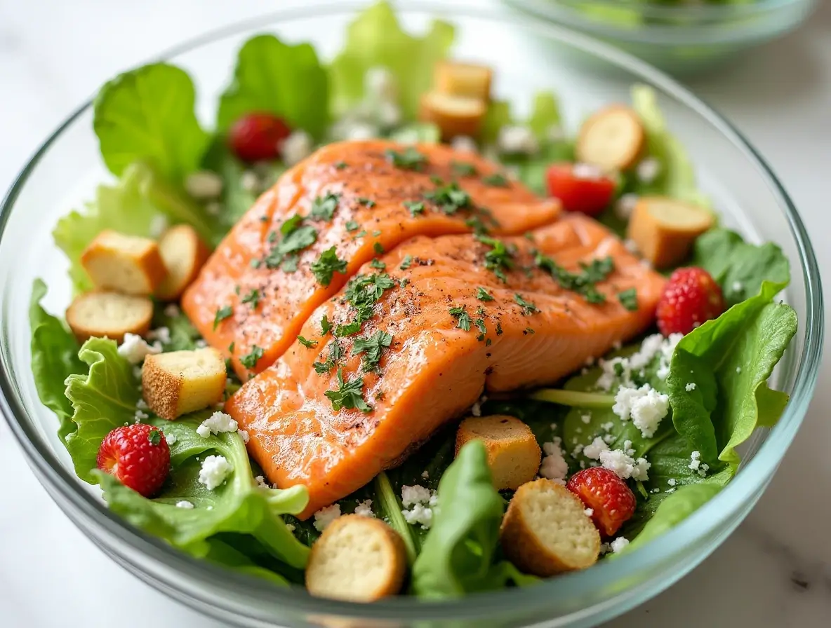 Fresh homemade Salmon Caesar Salad with grilled salmon, croutons, and Caesar dressing.