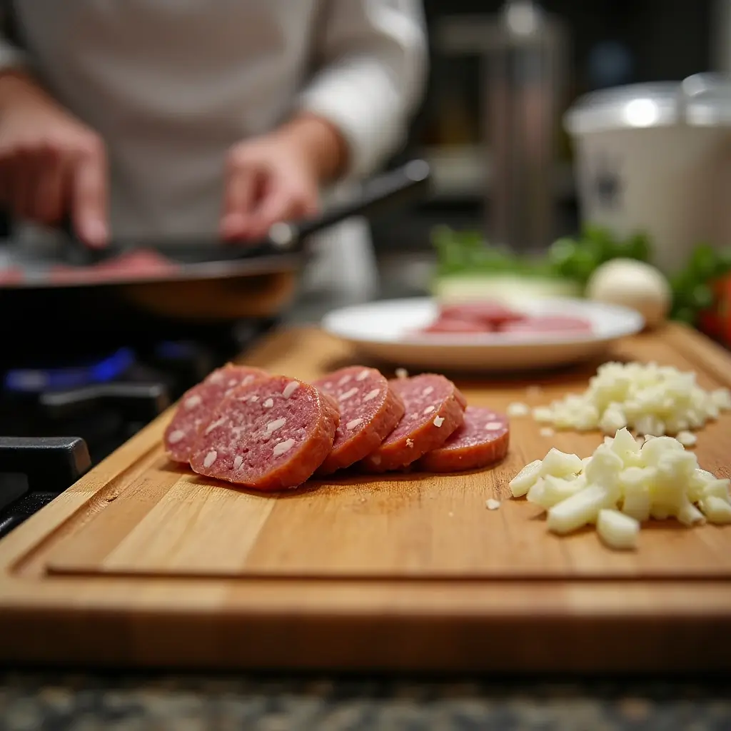 A chef slicing sausage on a cutting board with garlic and onions nearby.