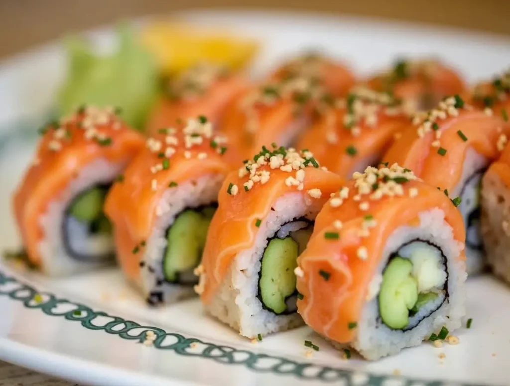 Baked salmon sushi rolls topped with sesame seeds and scallions on a wooden platter with dipping sauces and chopsticks.