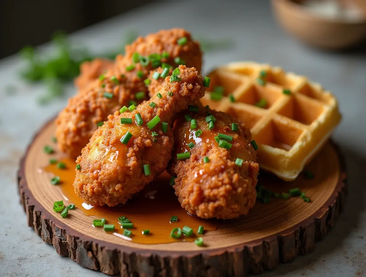 Plating techniques for fried chicken honey butter with waffles and fresh herbs.