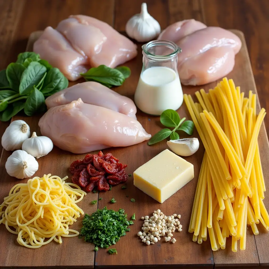 Ingredients including chicken, garlic, Parmesan cheese, heavy cream, and pasta, displayed on a wooden counter