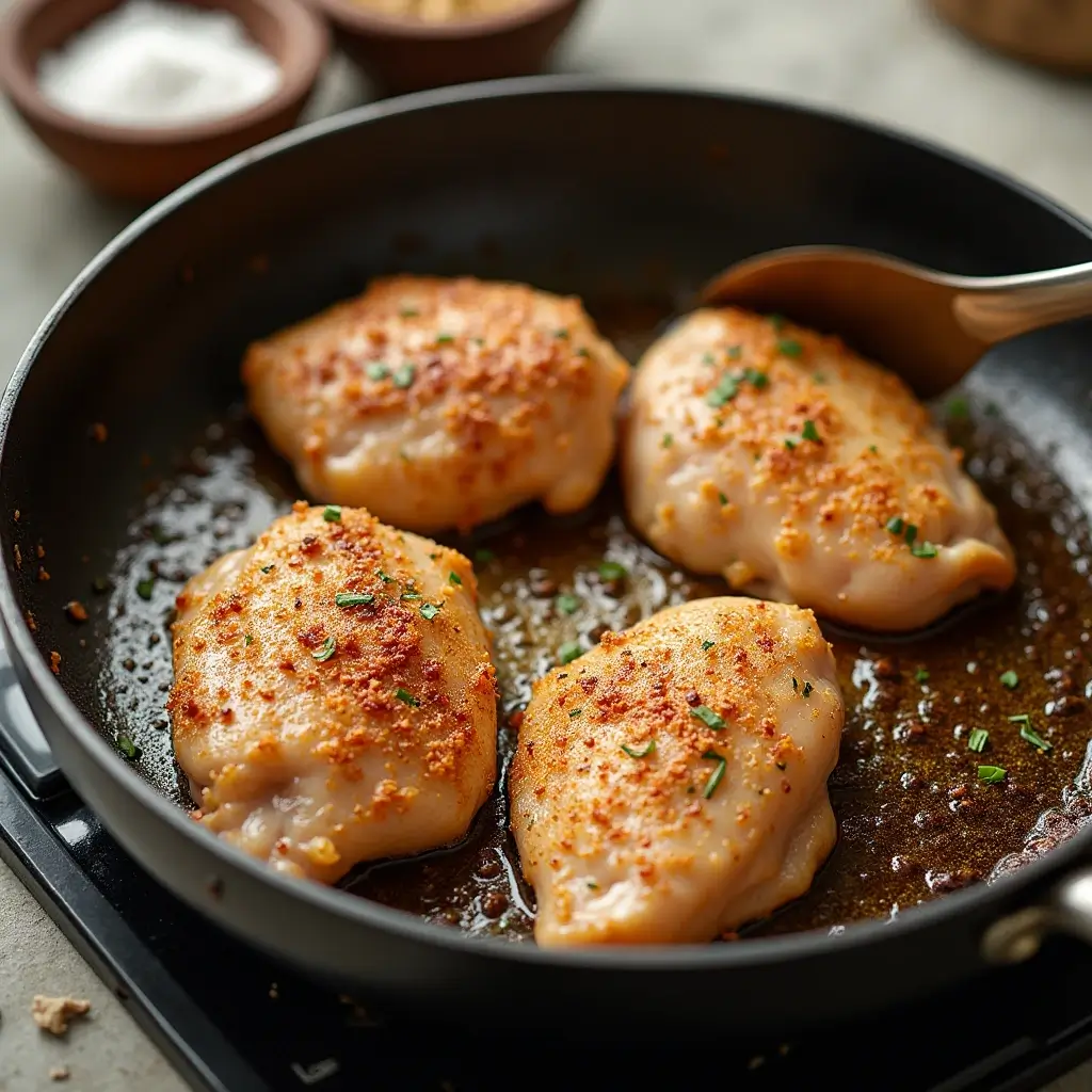 Seasoned chicken breasts searing in a hot skillet to achieve a golden-brown crust