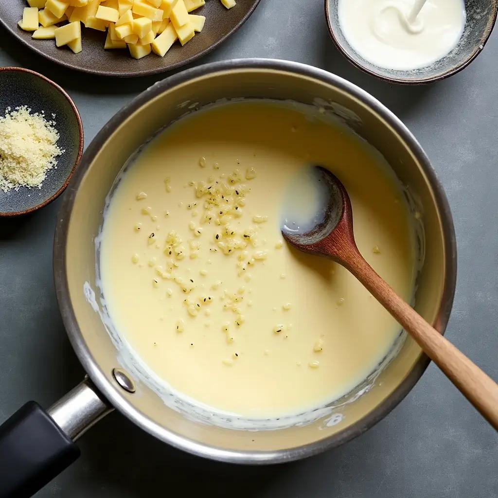 Butter and minced garlic sautéing in a saucepan surrounded by heavy cream, Parmesan cheese, and a wooden spoon.