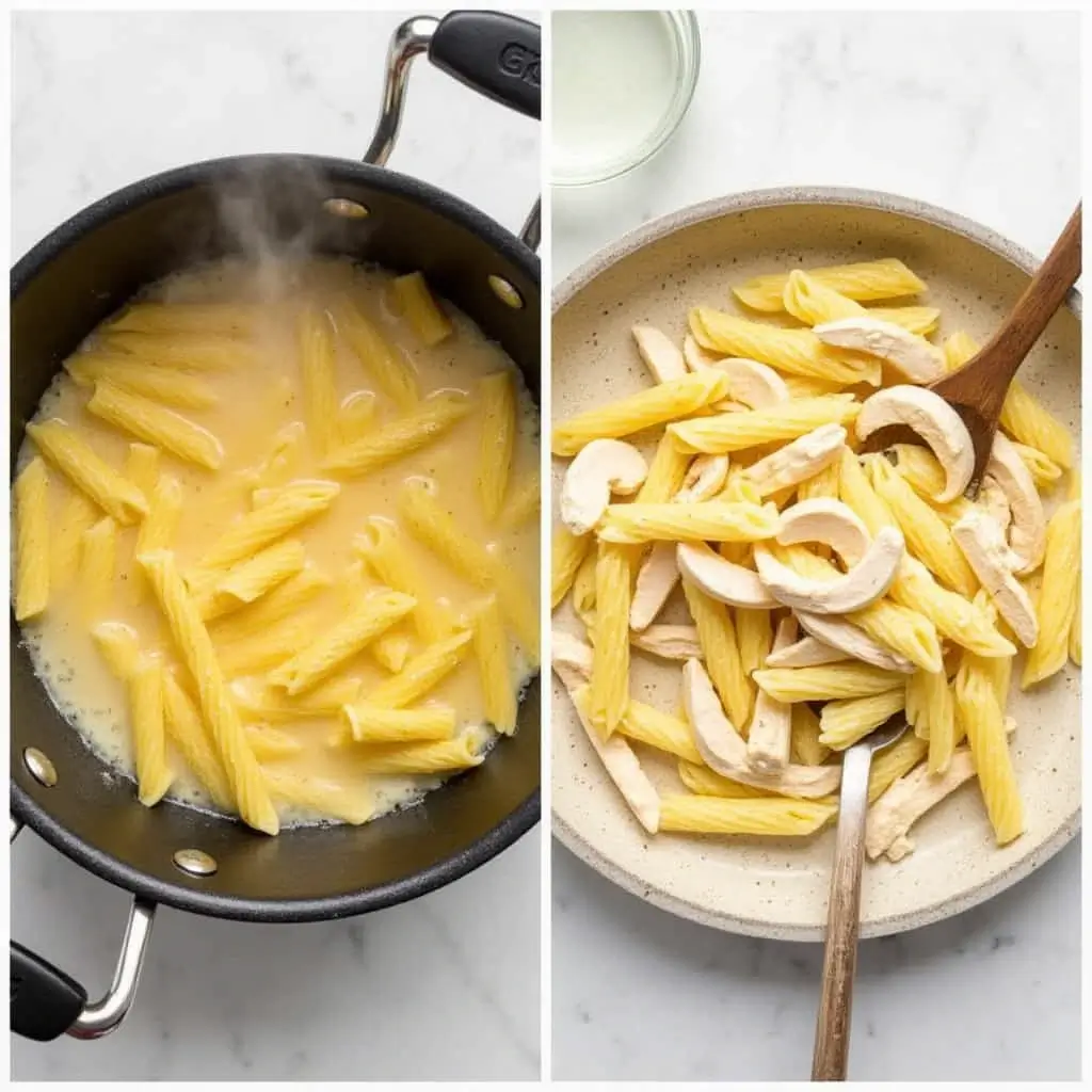 Boiling pasta in a pot with steam rising, and a skillet mixing cooked pasta with chicken and creamy sauce.