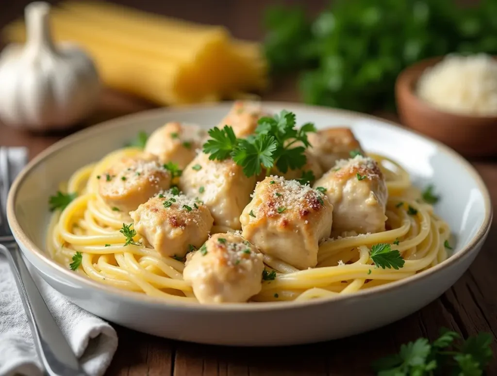 A plate of creamy Garlic Parmesan Chicken Pasta garnished with parsley and Parmesan cheese on a wooden table