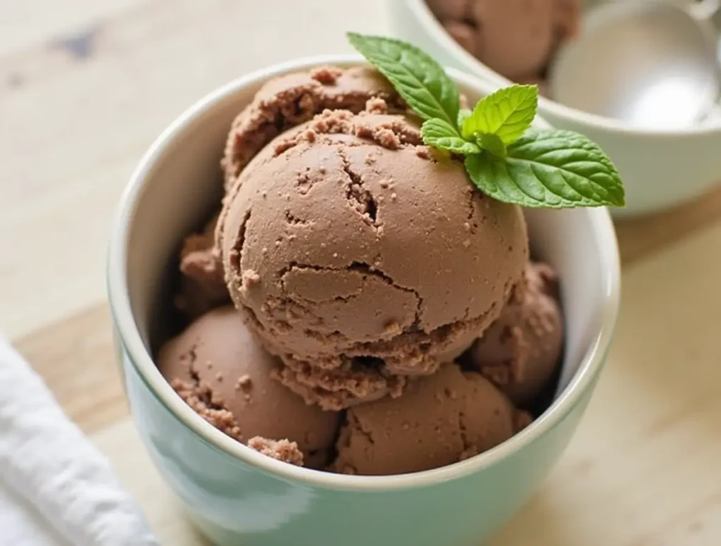 A bowl of German chocolate cake ice cream with chocolate, coconut, and pecans, topped with caramel.