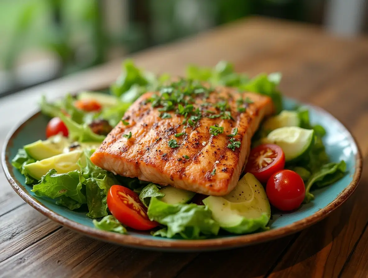 Grilled salmon salad with fresh vegetables, avocado, and cucumber.