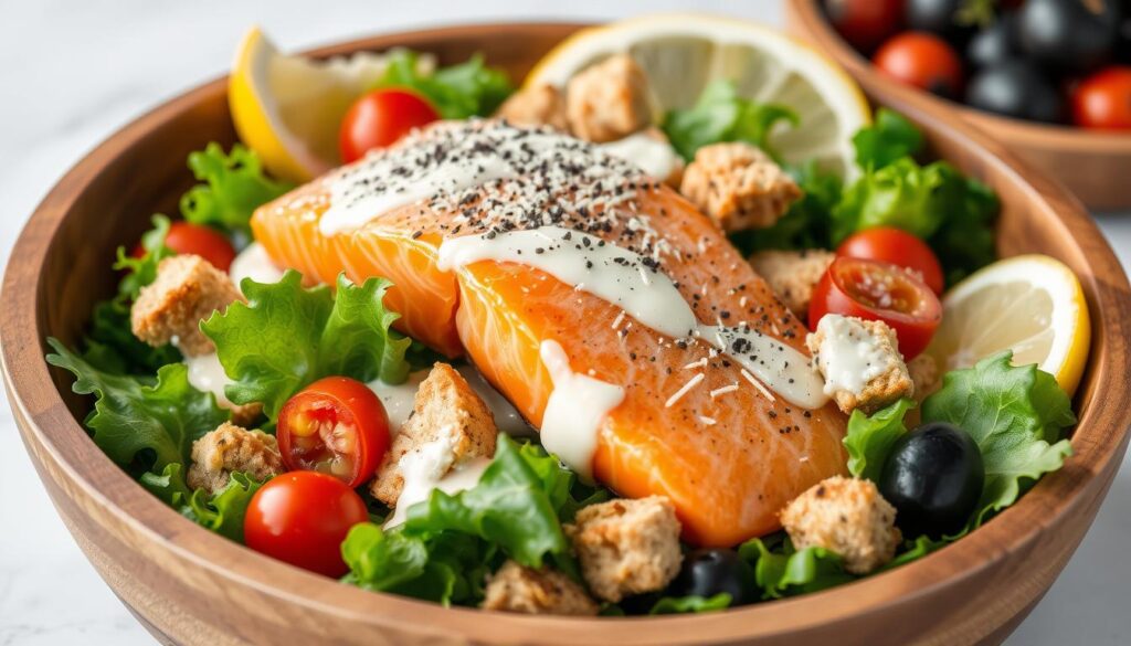 lose-up of fresh ingredients for a Salmon Caesar Salad including wild-caught salmon fillets and crisp romaine lettuce, with a sprinkle of parmesan cheese on the side.