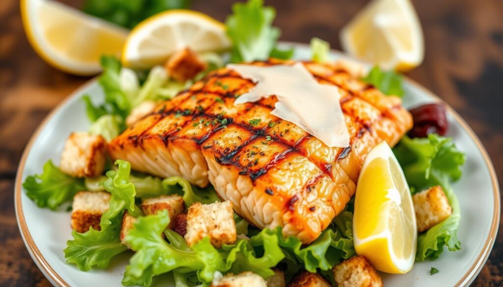 Grilled salmon fillets sizzling on a hot grill, with a light seasoning of salt, pepper, and herbs, creating a crispy outer layer.