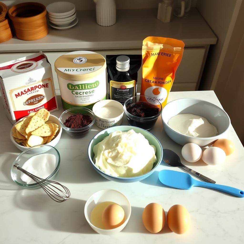 Ingredients for making tiramisu cheesecake