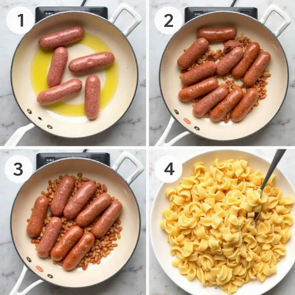 Step-by-step visuals of cooking sausage for chicken fajita pasta, from raw to browned and sliced.