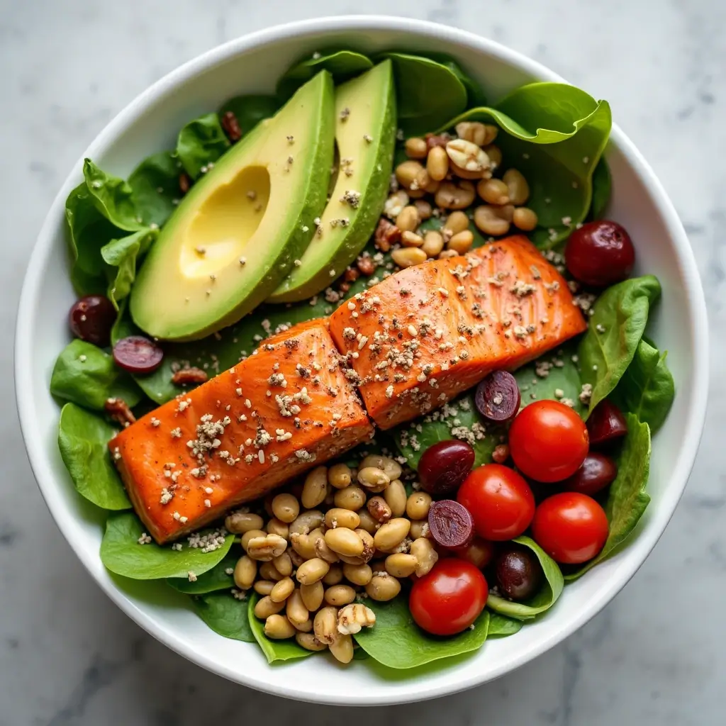 Grilled salmon salad with avocado, cherry tomatoes, nuts, and seeds.