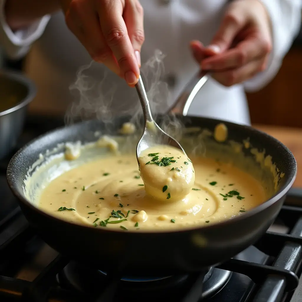 Creamy sauce simmering on the stove with a chef stirring in a cozy kitchen setting