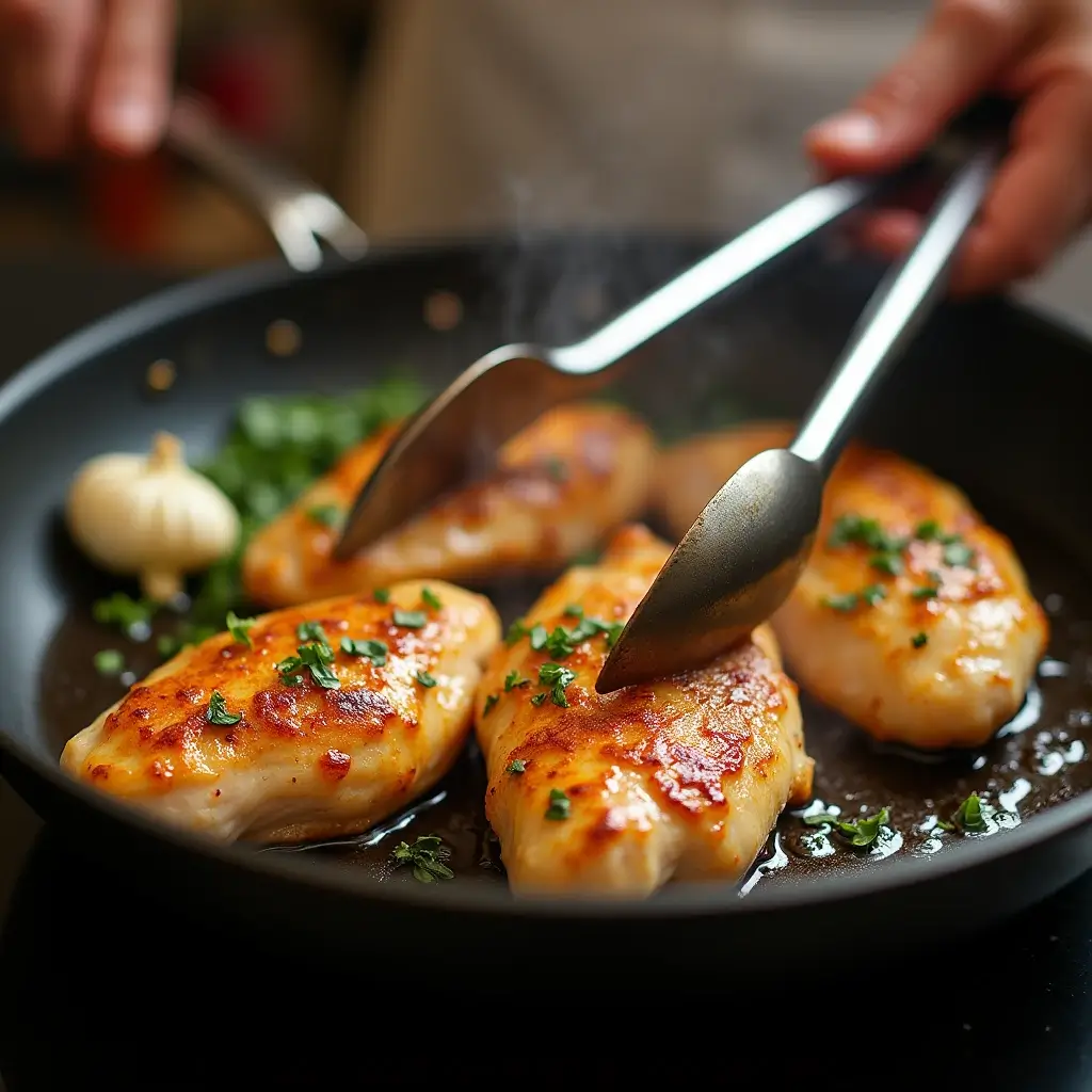 Chef searing chicken breasts in a skillet with herbs and garlic for Marry Me Chicken Pasta.