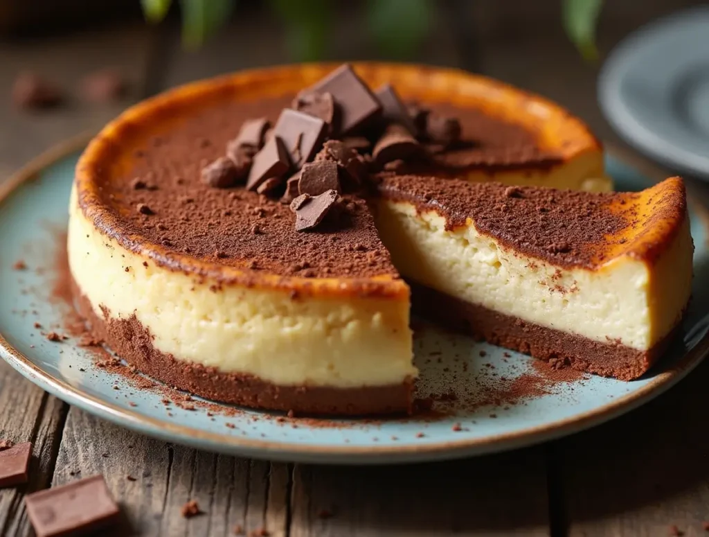 iramisu cheesecake with cocoa powder and chocolate shavings.