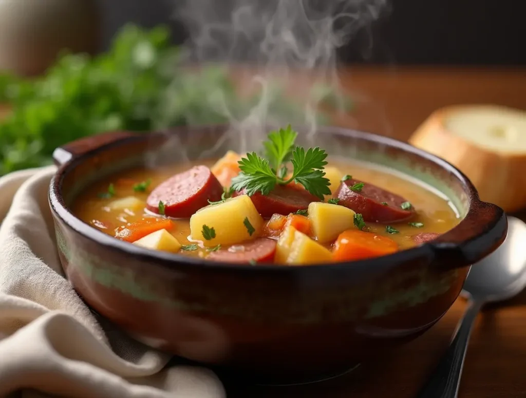 A bowl of kielbasa potato soup with chunks of sausage, potatoes, and fresh herbs.