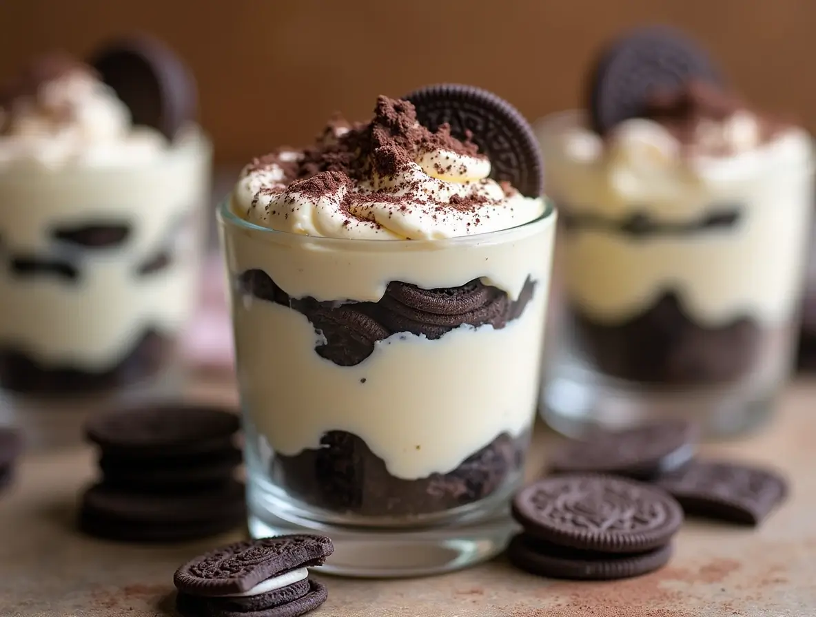 Oreo tiramisu layers with creamy mascarpone, crushed Oreos, and cocoa powder.