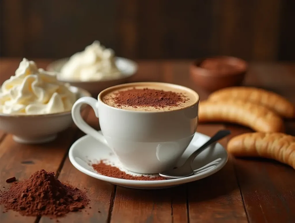 A beautifully styled cup of tiramisu coffee surrounded by ingredients like mascarpone cheese, ladyfingers, and cocoa powder.