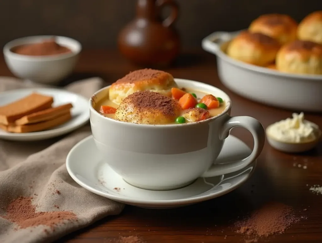 Delicious homemade chicken and dumpling casserole served in a cozy dish