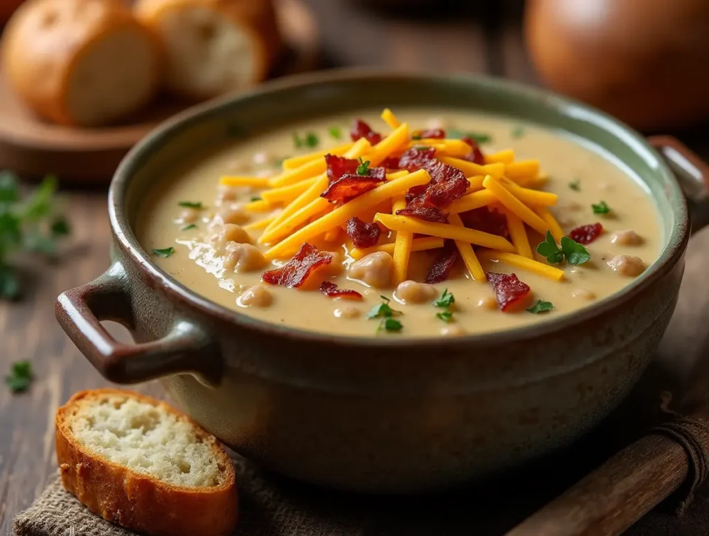 A bowl of creamy hamburger potato soup with steam rising, accompanied by freshly baked bread slices, set on a rustic wooden table with a warm, cozy kitchen backdrop.