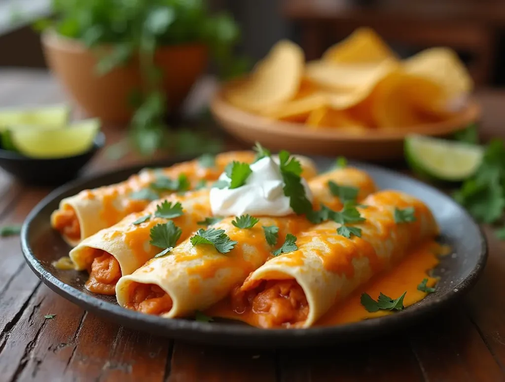 A plate of chicken and sour cream enchiladas topped with melted cheese, sour cream, and cilantro, served with tortilla chips and lime wedges on a rustic wooden table.