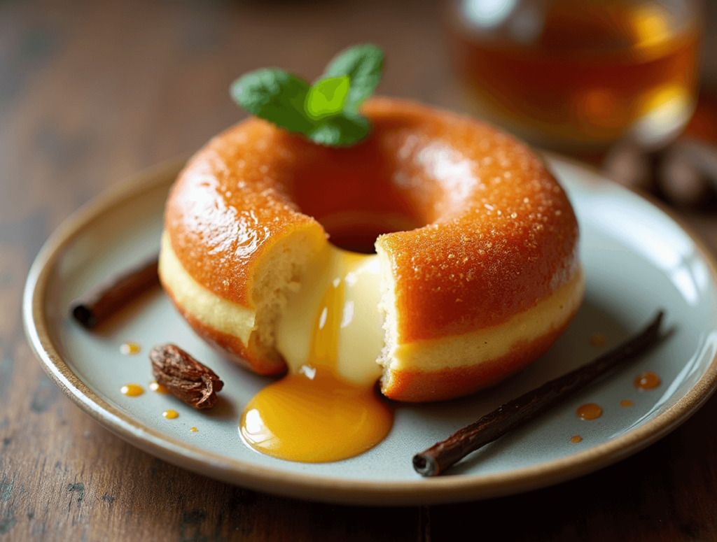 A creme brulee donut with caramelized topping and vanilla custard on a ceramic plate