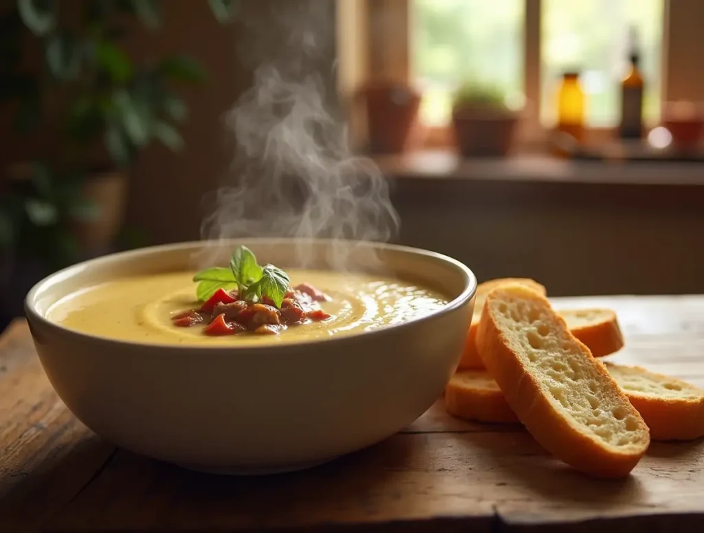 A steaming bowl of creamy hamburger potato soup, garnished with fresh herbs and cheese, surrounded by cozy home elements like a mug of tea and a flickering candle.