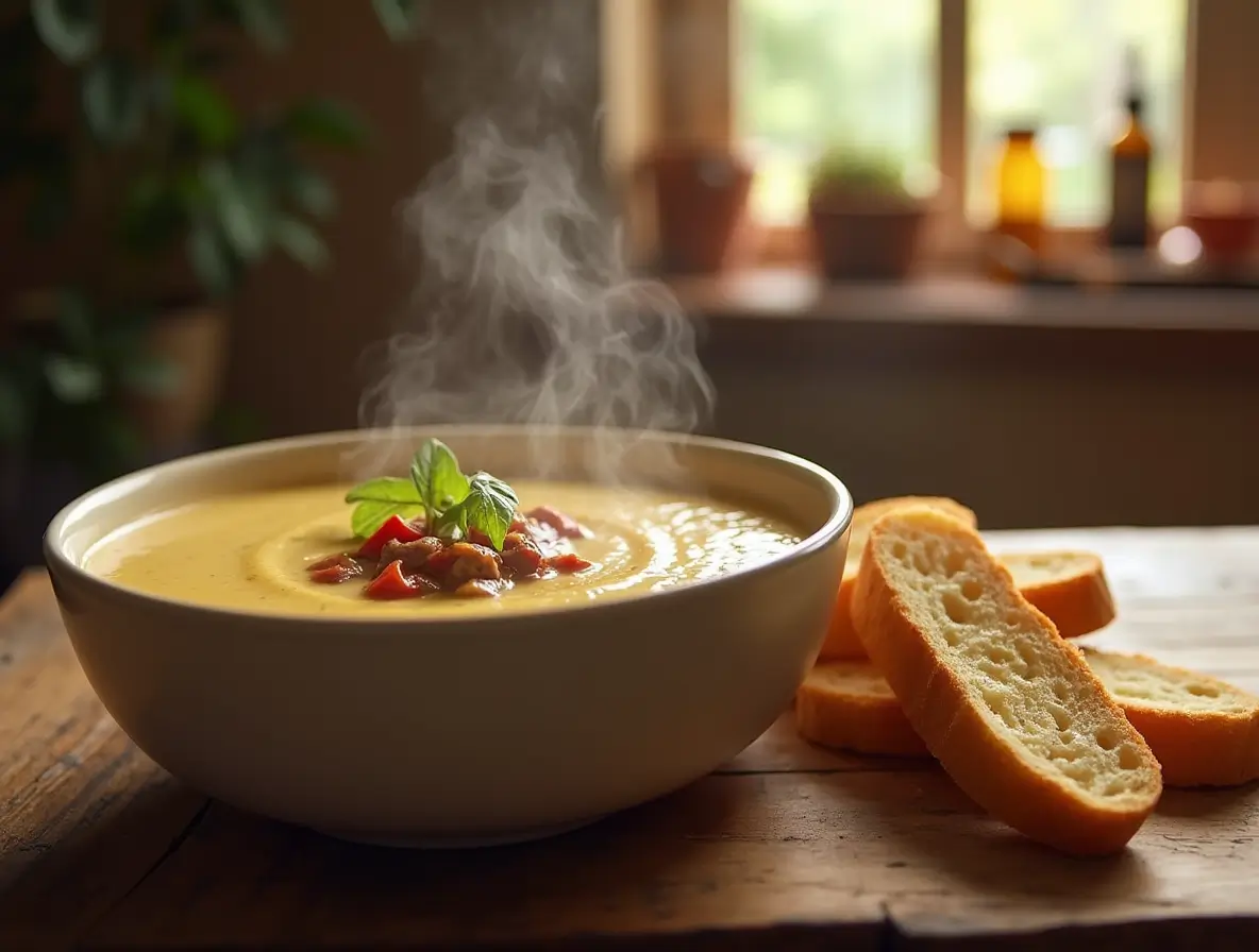 A steaming bowl of creamy hamburger potato soup, garnished with fresh herbs and cheese, surrounded by cozy home elements like a mug of tea and a flickering candle.