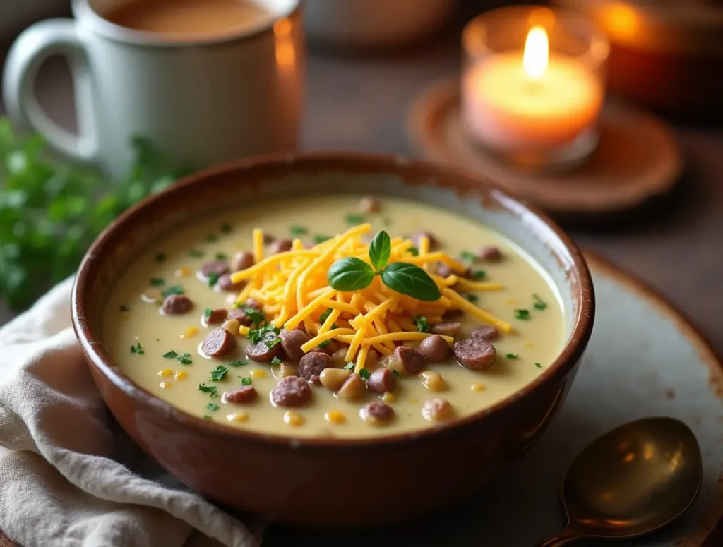 A bowl of creamy hamburger potato soup topped with shredded cheddar cheese, crispy bacon bits, and fresh herbs, served with crusty bread.
