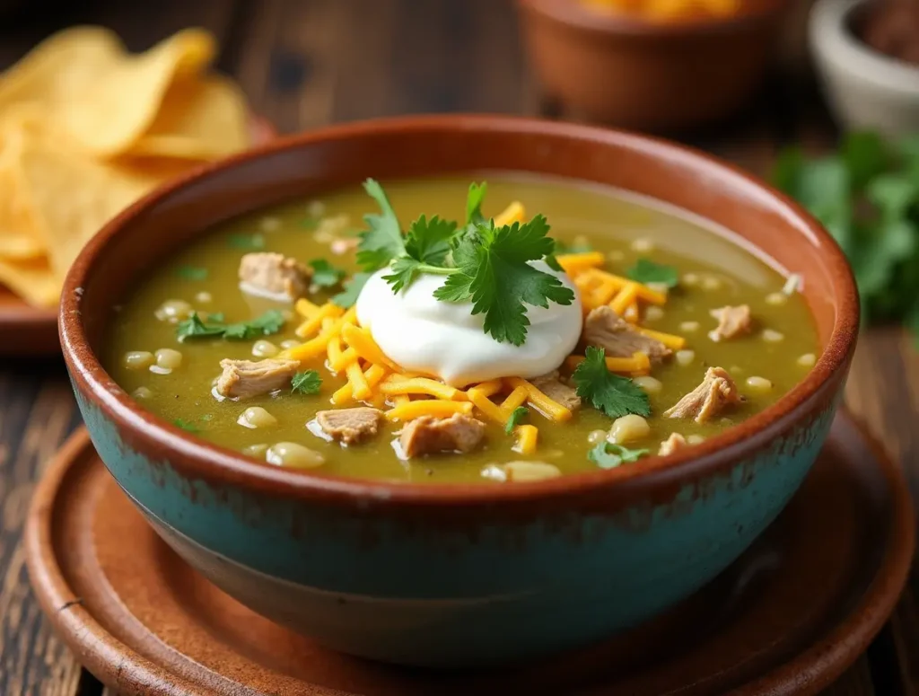 Green Enchilada Chicken Soup garnished with sour cream, cilantro, and shredded cheese, served with tortilla chips