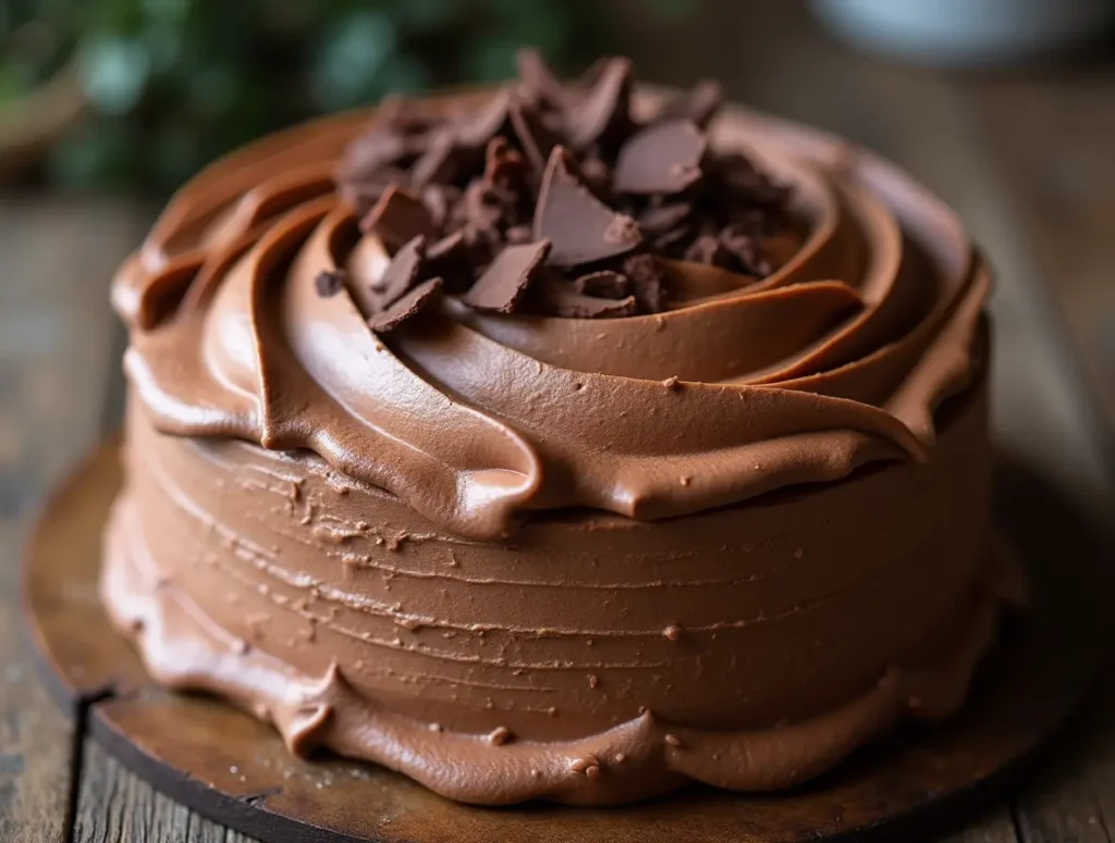 Close-up of a cake topped with glossy Chocolate Swiss Meringue Buttercream and chocolate shavings