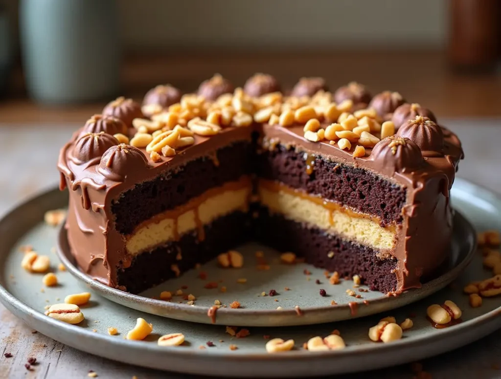 Delicious Snickers cake with chocolate base, nougat layer, caramel, and peanuts, served on a rustic kitchen countertop