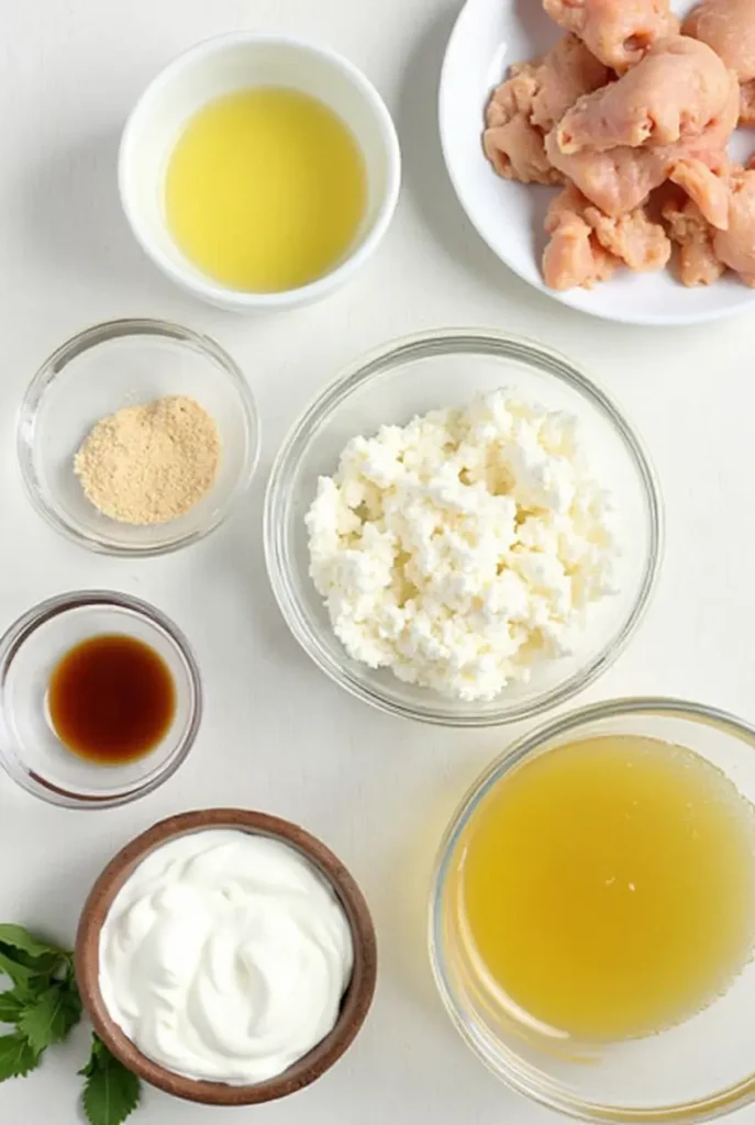 A selection of fresh ingredients for chicken and sour cream enchiladas, including chicken breasts, tortillas, sour cream, shredded cheese, and green enchilada sauce.