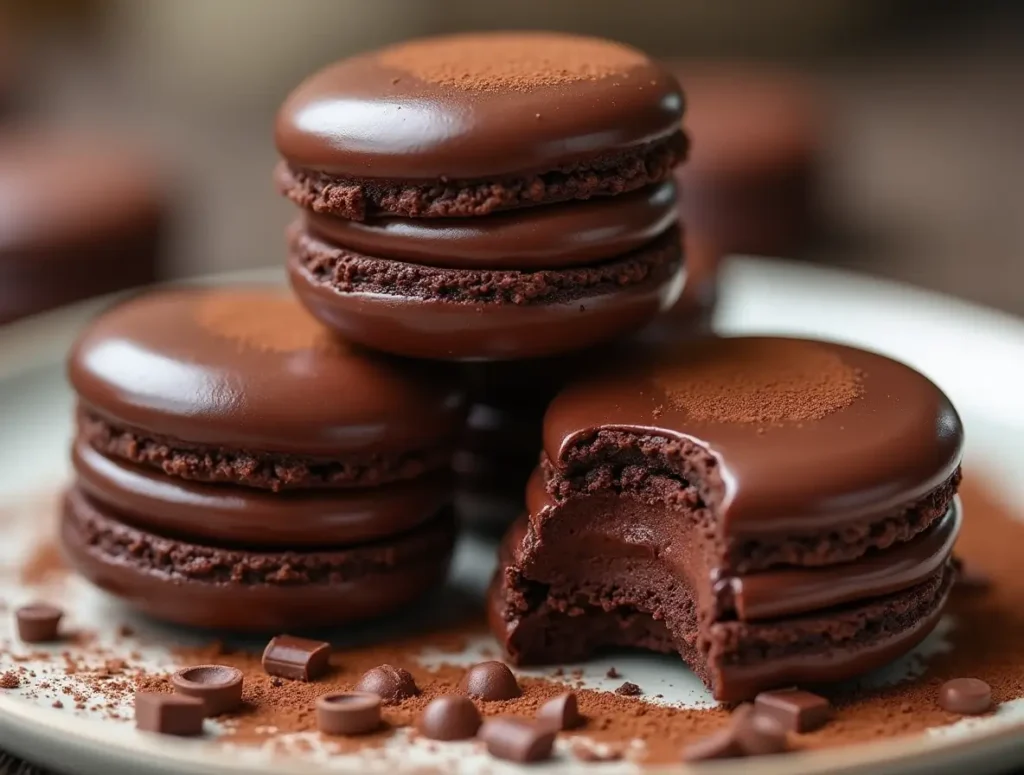 Close-up of chocolate macarons with glossy chocolate filling, cocoa powder, and chocolate shavings