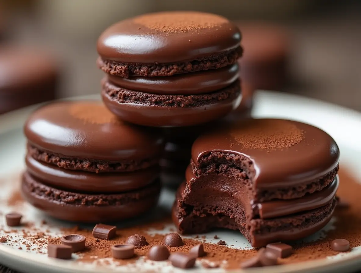 Close-up of chocolate macarons with glossy chocolate filling, cocoa powder, and chocolate shavings