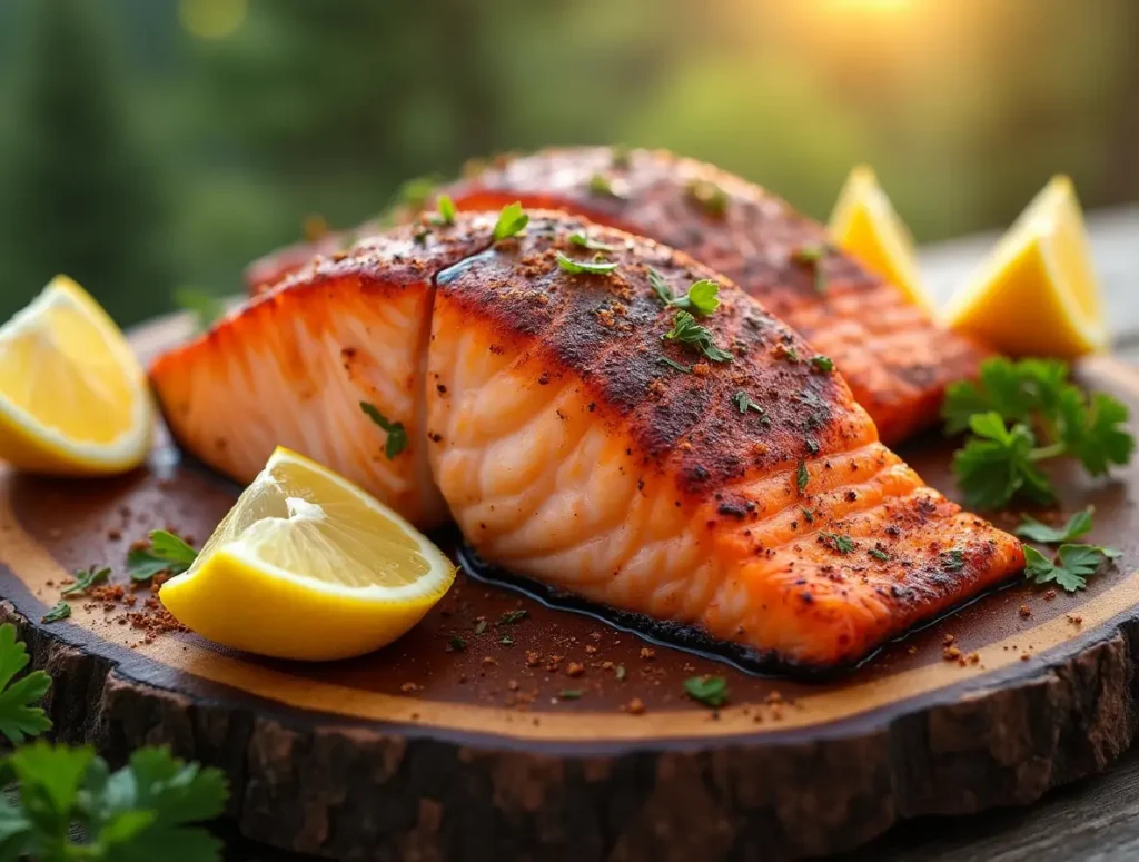 Juneau salmon bake with a crispy grilled salmon fillet, fresh herbs, and vibrant spice glaze on a rustic wooden platter