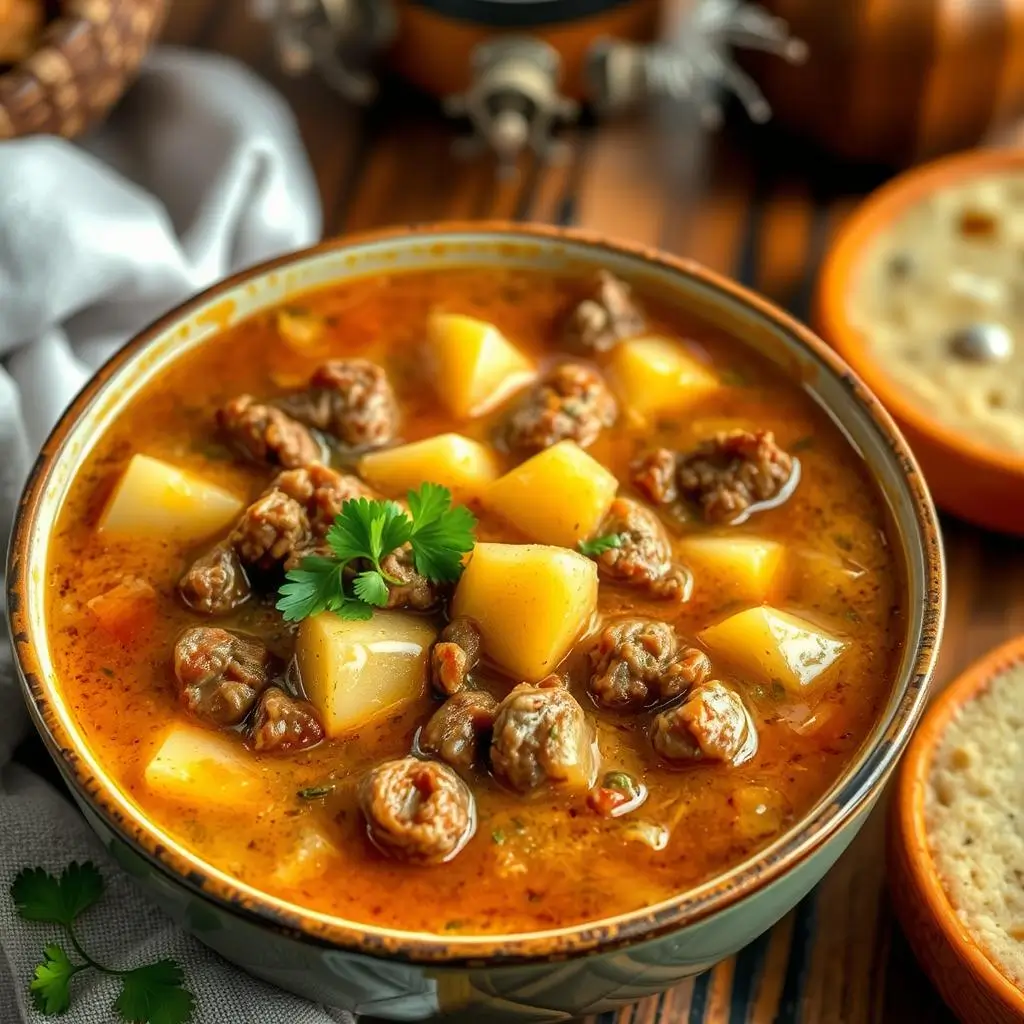 A steaming bowl of creamy hamburger and potato soup garnished with shredded cheese and fresh parsley, served with a spoon and napkin.