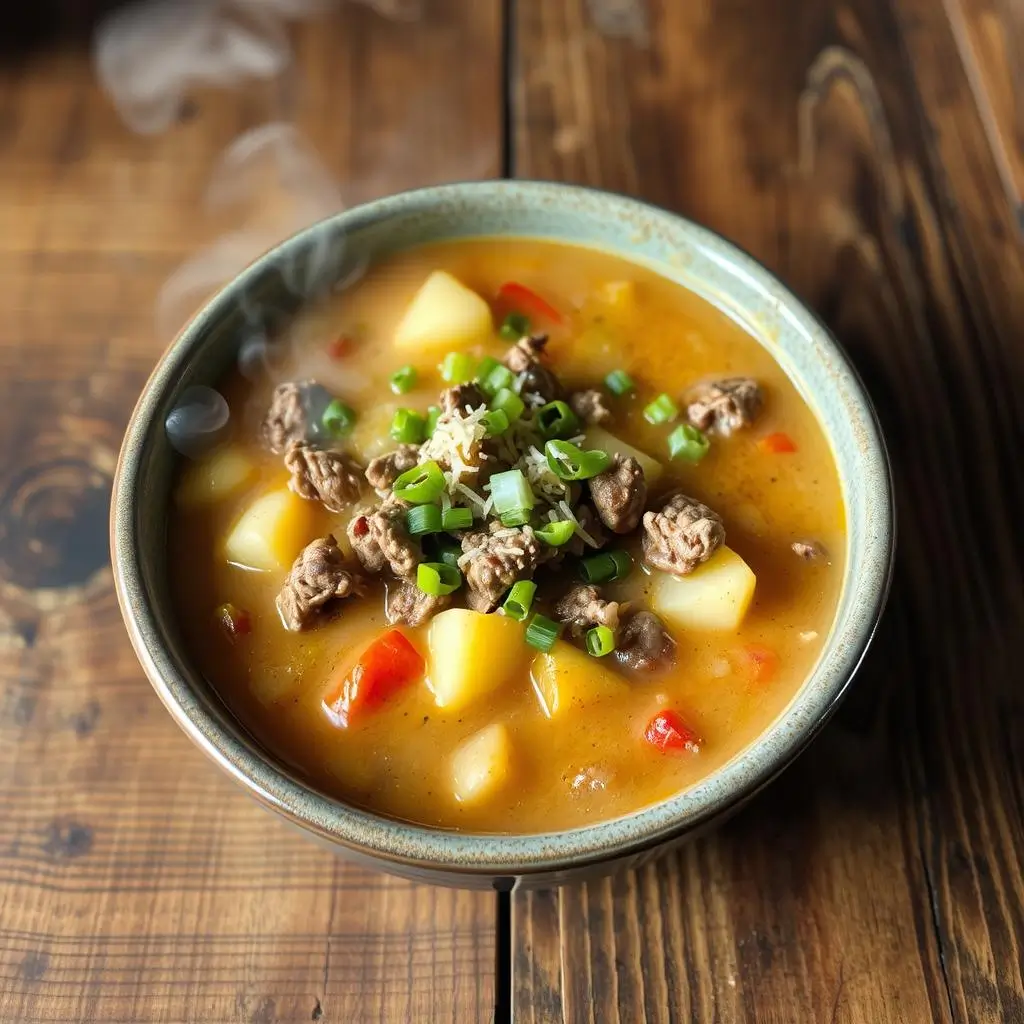 A hearty bowl of hamburger and potato soup topped with fresh herbs, served with a slice of crusty bread on a wooden table.