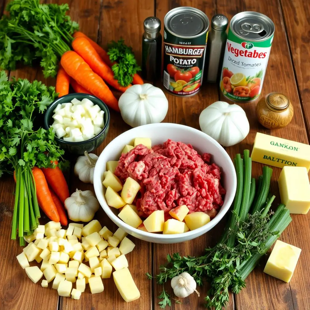 A flat-lay of essential ingredients for hamburger potato soup, including ground beef, potatoes, onions, broth, and cream, neatly arranged on a wooden surface.