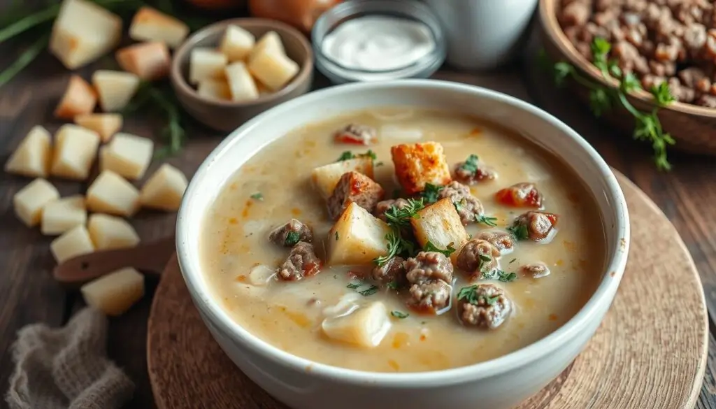 A steaming bowl of hamburger potato soup with chunks of potatoes, ground beef, and a creamy broth, garnished with fresh parsley.

