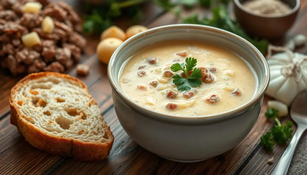 A vintage-style bowl of creamy hamburger potato soup with a rustic wooden spoon and a backdrop of historical recipe books.

