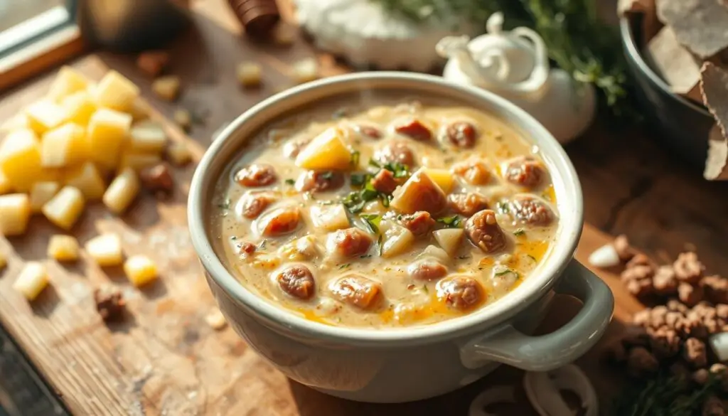 A hearty bowl of creamy hamburger potato soup with ground beef, diced potatoes, and a rich, creamy broth topped with fresh herbs.

