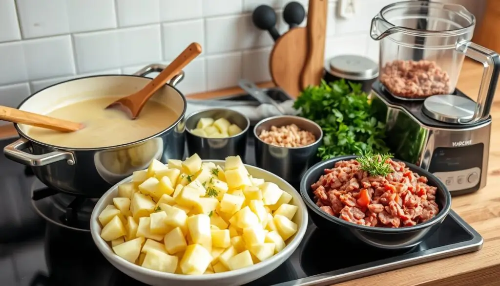 A collection of essential kitchen tools, including a large pot, skillet, wooden spoon, and ladle, placed on a kitchen countertop.

