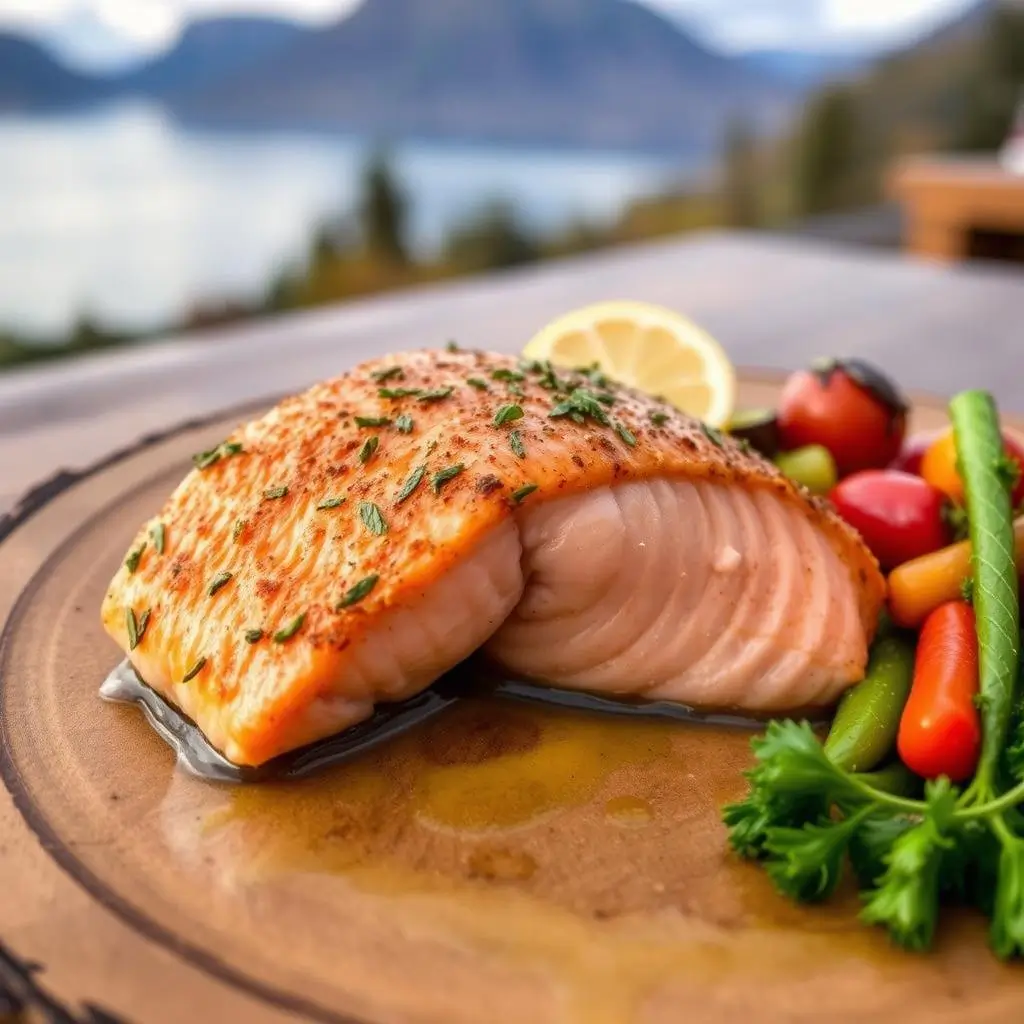 Grilled Juneau salmon bake showing the perfect cooking technique, with a golden-brown crispy salmon fillet and vibrant garnishes