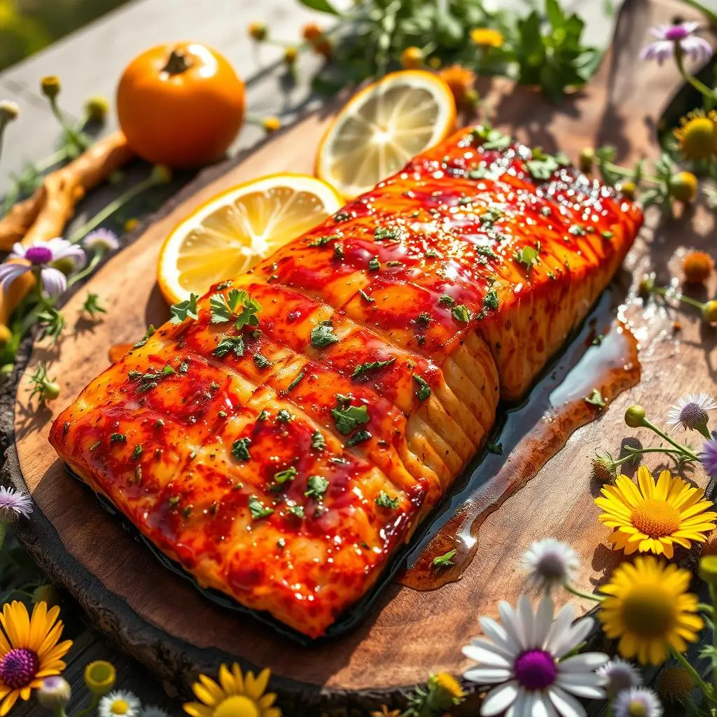 Juneau salmon bake with modern flavor variations, showcasing a crispy fillet topped with a sweet and spicy glaze